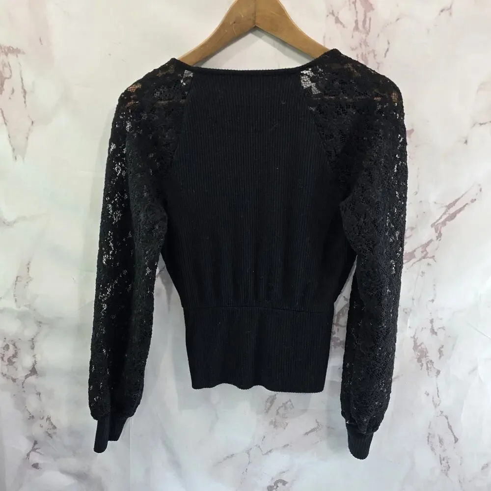 Anthropologie Shirt Womens Small Black Lace Puff Sleeve Faux Wrap Rib Sweater